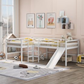 Wooden L-Shaped Twin Size Loft Bed With Built-In Ladders And Slide