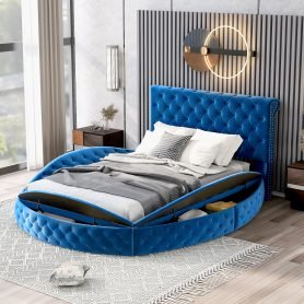 Full Size Round Shape Upholstery Low Profile Storage Platform Bed With Storage Space On Both Sides And Footboard