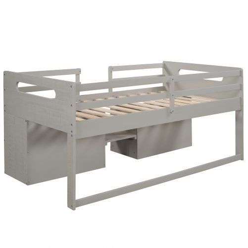 Wood Twin Size Loft Bed with Two Shelves and Two Drawers
