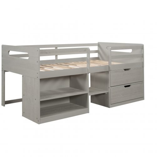 Wood Twin Size Loft Bed with Two Shelves and Two Drawers