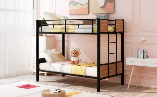 Steel Frame Twin Over Twin Bunk Bed With Safety Rail, Built-in Ladder