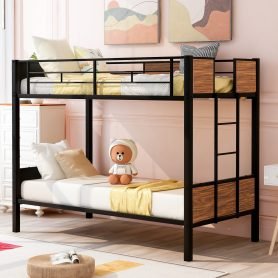 Steel Frame Twin Over Twin Bunk Bed With Safety Rail, Built-in Ladder