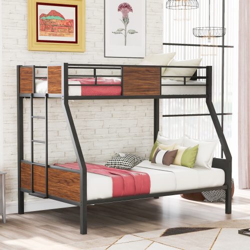 Steel Frame Twin Over Full Bunk Bed With Safety Rail, Built-in Ladder