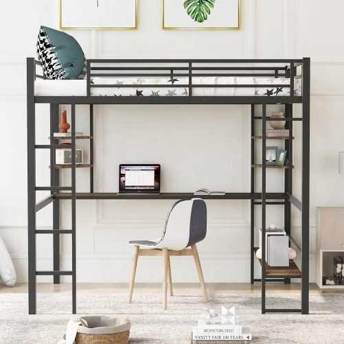 Full Size Metal & MDF Loft Bed With Long Desk And Shelves