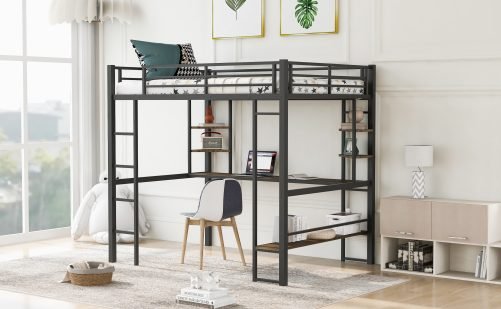 Full Size Metal & MDF Loft Bed With Long Desk And Shelves