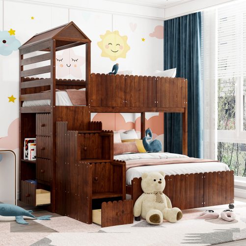 Stairway Twin Over Full Bunk Bed with Two Shelves and Seven Drawers