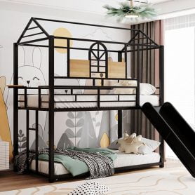 Metal Twin Over Twin House Bunk Bed With Slide
