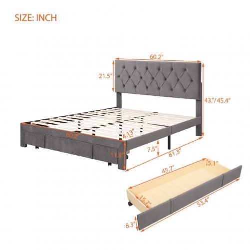 Queen Size Velvet Upholstered Platform Bed With A Big Drawer