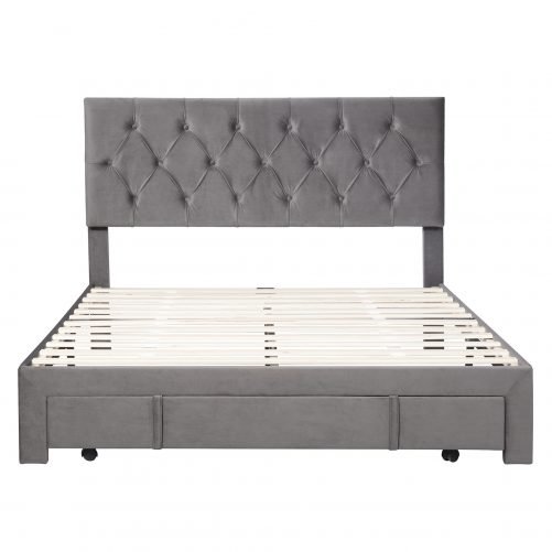 Queen Size Velvet Upholstered Platform Bed With A Big Drawer