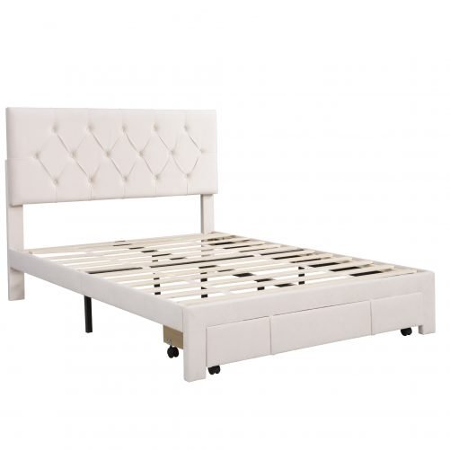 Full Size Velvet Upholstered Platform Bed With A Big Drawer