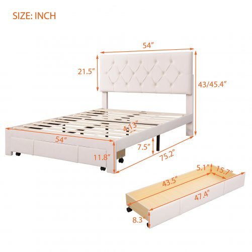 Full Size Velvet Upholstered Platform Bed With A Big Drawer
