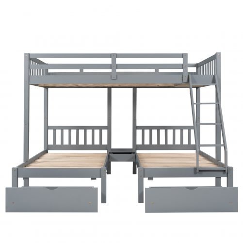 Full Over Twin & Twin Bunk Bed, Wood Triple Bunk Bed With Drawers And Guardrails