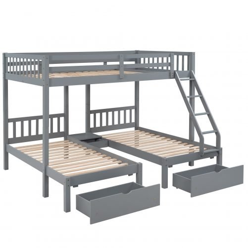 Full Over Twin & Twin Bunk Bed, Wood Triple Bunk Bed With Drawers And Guardrails