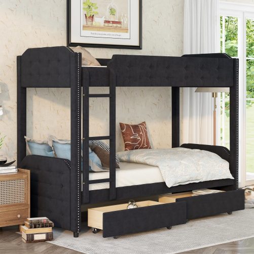 Twin Over Twin Upholstered Bunk Bed With Two Drawers, Button-Tufted Headboard And Footboard