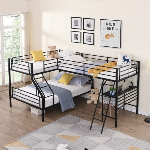 Metal Twin over Full Bunk Bed with a Twin Size Loft Bed attached