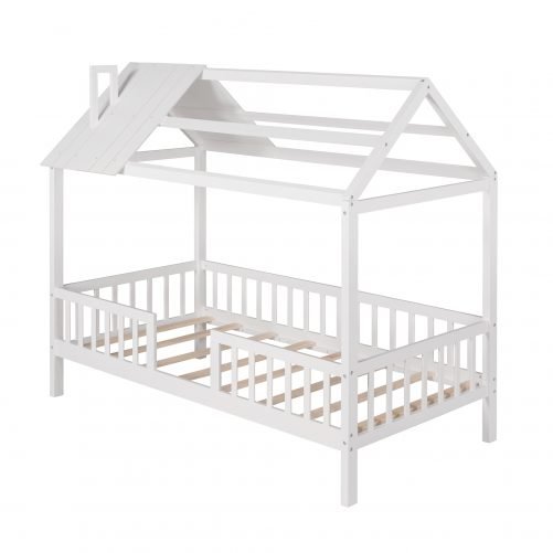 Twin Size Wood House Bed With Fence