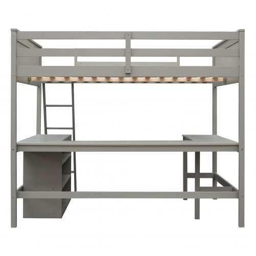 Wood Full Size Loft Bed With Shelves And Desk