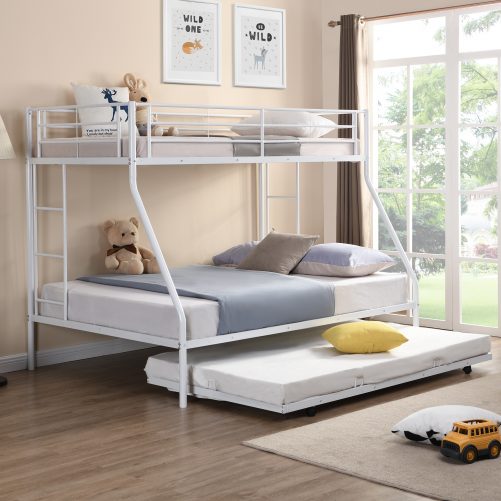 Steel Twin Over Full Bunk Bed With Twin Size Trundle, Two-Side Ladders