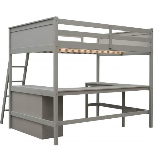Wood Full Size Loft Bed With Shelves And Desk
