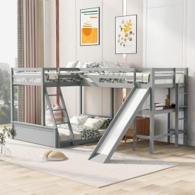 Twin Over Full Bunk Bed With Twin Size Loft Bed With Desk And Slide, Full-length Guardrail