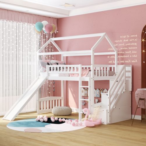 House Shape Twin Loft Bed With Two Drawers And Slide, House Bed With Slide