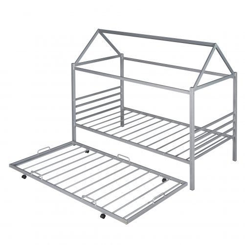 Twin Size Metal House Shape Platform Bed With Trundle