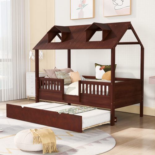 Wood Twin Size House Bed With Trundle