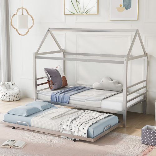 Twin Size Metal House Shape Platform Bed With Trundle