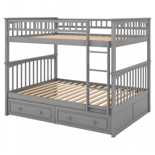 Wood Full Over Full Bunk Bed With Drawers, Convertible Beds