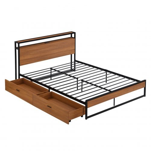 Queen Size Metal Platform Bed Frame with Two Drawers, Sockets and USB Ports