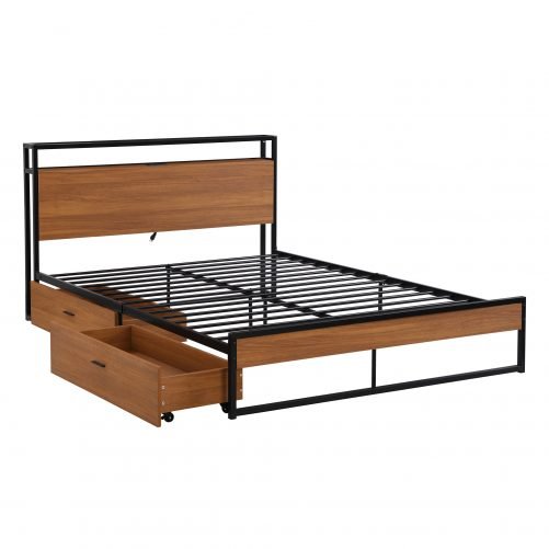 Queen Size Metal Platform Bed Frame with Two Drawers, Sockets and USB Ports