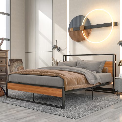 Queen Size Metal Platform Bed Frame with Sockets, USB Ports and Slat Support