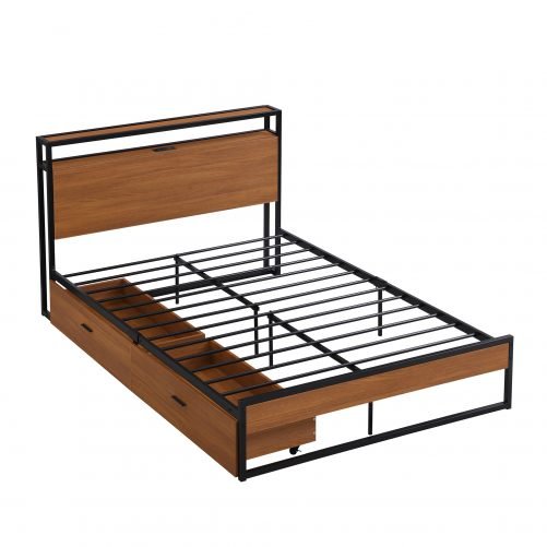 Full Size Metal Platform Bed Frame with Two Drawers, Sockets and USB Ports
