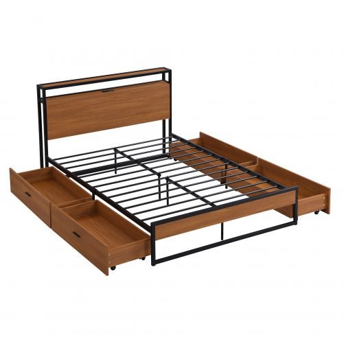 Full Size Metal Platform Bed Frame with Four Drawers, Sockets and USB Ports