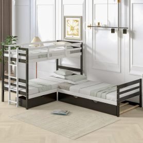 Twin Size L-Shaped Bunk Bed and Platform Bed with Trundle and Drawer