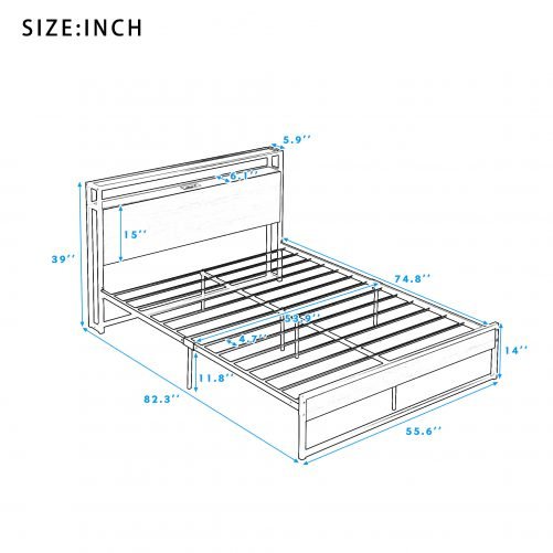 Full Size Metal Platform Bed Frame with Sockets, USB Ports and Slat Support