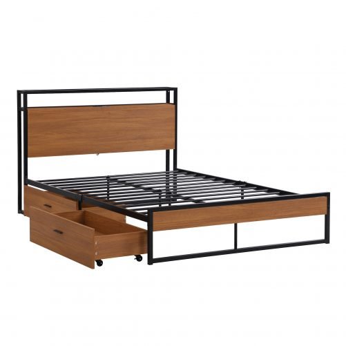 Full Size Metal Platform Bed Frame with Two Drawers, Sockets and USB Ports