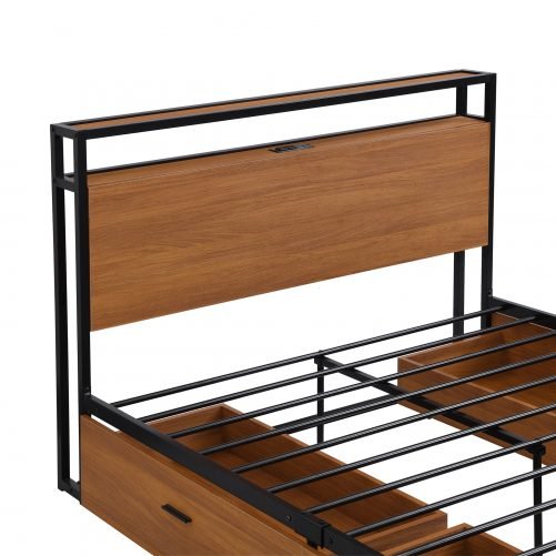 Full Size Metal Platform Bed Frame with Four Drawers, Sockets and USB Ports