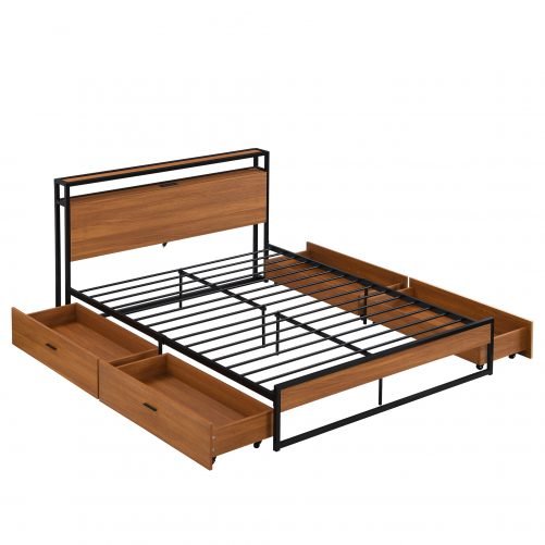 Queen Size Metal Platform Bed Frame with Four Drawers, Sockets and USB Ports
