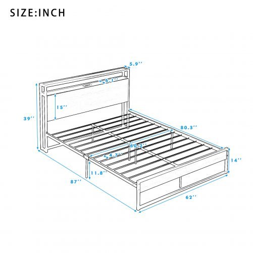 Queen Size Metal Platform Bed Frame with Sockets, USB Ports and Slat Support