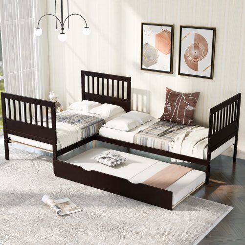 Twin Size L-Shaped Platform Bed with Trundle