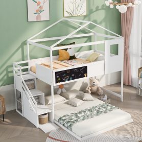 House Shape Twin Over Full Bunk Bed with Storage Staircase and Window