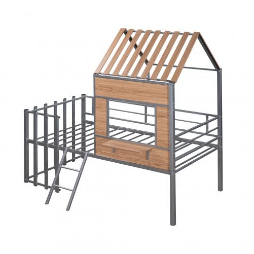 Metal Twin Size Loft Bed With Roof, Window, Guardrail, Ladder