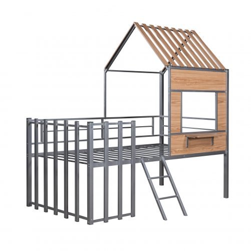 Metal Twin Size Loft Bed With Roof, Window, Guardrail, Ladder