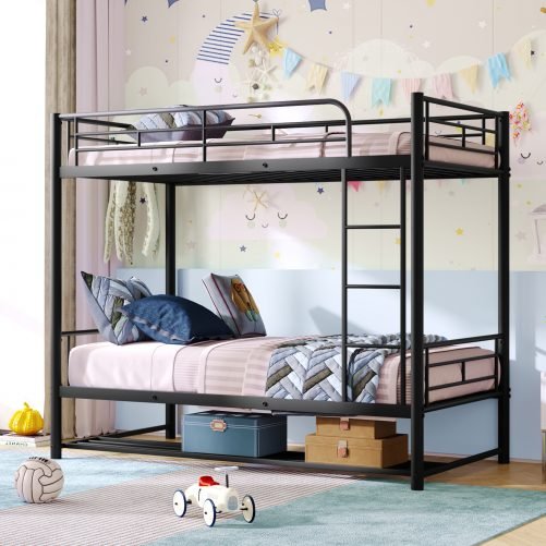 Metal Twin Over Twin Bunk Bed With Shelf And Slatted Support No Box Spring Needed