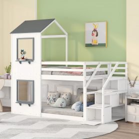 Wood Twin Over Twin Bunk Bed With Staircase, Roof, Window, and Guardrail