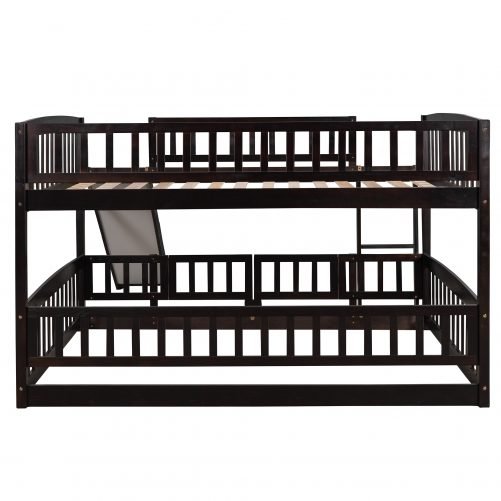 Full Over Full Low Bunk Bed With Slide, Fence And Ladder