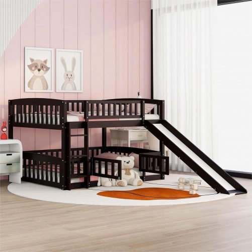 Full Over Full Low Bunk Bed With Slide, Fence And Ladder