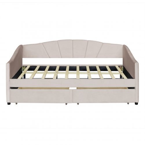 Upholstered Daybed With Two Drawers And Wood Slat Suppot, Twin Size