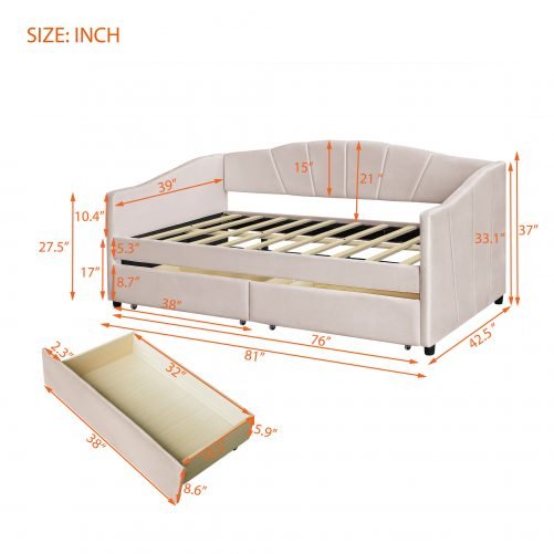 Upholstered Daybed With Two Drawers And Wood Slat Suppot, Twin Size